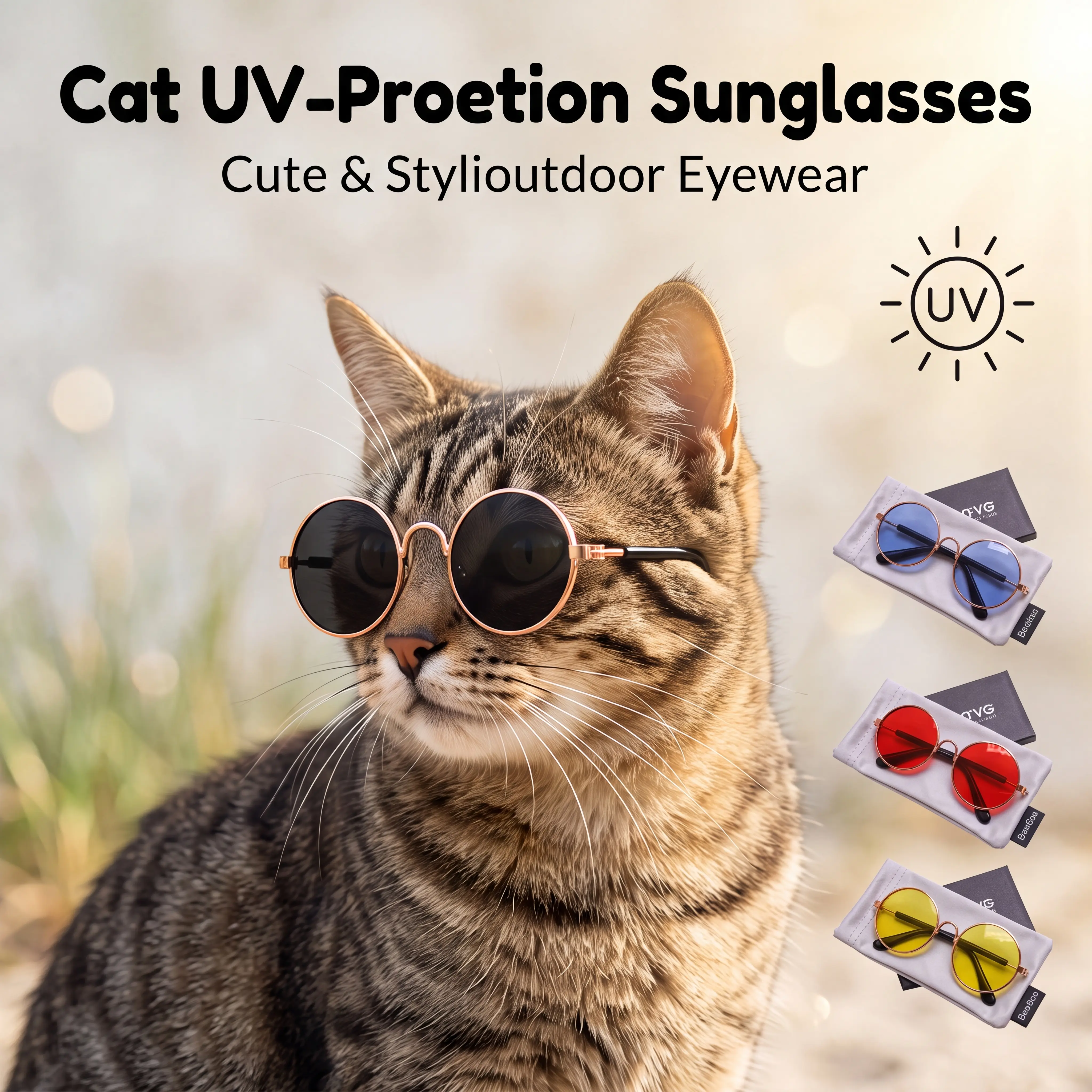 Pet Cat UV-Protection Sunglasses - Adjustable Strap, Sun Shades, Casual Glasses, Plastic Qita11, Single Pair for Small/Medium Cats & Kittens