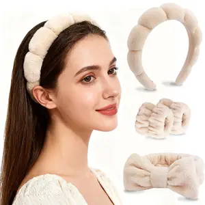 Cloud Pattern Headband & Bracelet Set, Coral Fleece Fluffy Hair Band Accessory, Soft Spa Headband for Women Facial Cleansing and Makeup