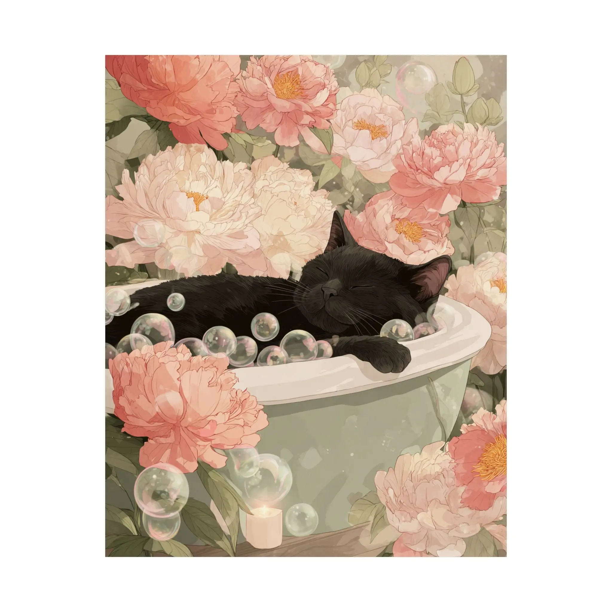 Black Cat in Bathtub Wall Art | Japandi Cat Bathroom Decor | Japanese Cat Poster | Floral Feline Art Print | 16x20 Poster