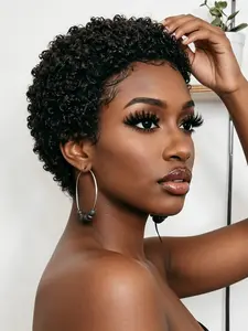 Pixie Cut Human Hair Wigs for Women, Short Afro Curly Wig, Casual Style, Daily Party Cosplay Gift, Machine Made