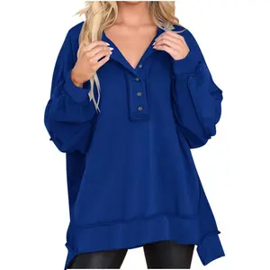 Women's Oversized Casual Pullover Sweatshirt - Henley Neck, Button, Long Sleeve Tunic Tops Outfits