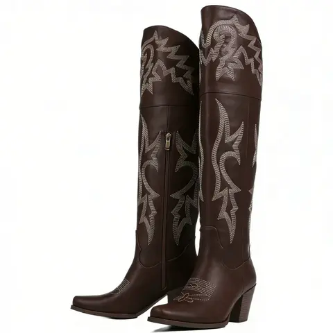 AOSPHIRAYLIAN Women's Vintage Embroidered Faux Leather Knee-High Cowgirl Boots - Chunky Block Heel Platform, Square Toe, Waterproof, Breathable, Zipper Fast Entry, Vintage Boho, Cowgirl Stuff for Country Concert Outfit