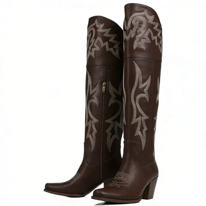 AOSPHIRAYLIAN Knee High Tall Cowboy Boots Women Vintage Embroidered Pointed Platform Western Cowgirl Boots Fashion Square Toe Chunky Heel Waterproof Faux Leather Footwear summerwins