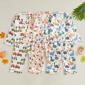 Kids Baby Little Girl Boys Fall Pajamas Set Tractor/Dinosaur Print Long Sleeve Lapel Tops with Pants Satin Sleepwear Clothes