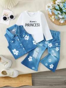 Girls' Denim Three-Piece Set, Long Sleeve Inner Layer, Jean Vest, Flare Pants, Princess Print, Floral Decor, Casual Spring, Baby Girl Clothes