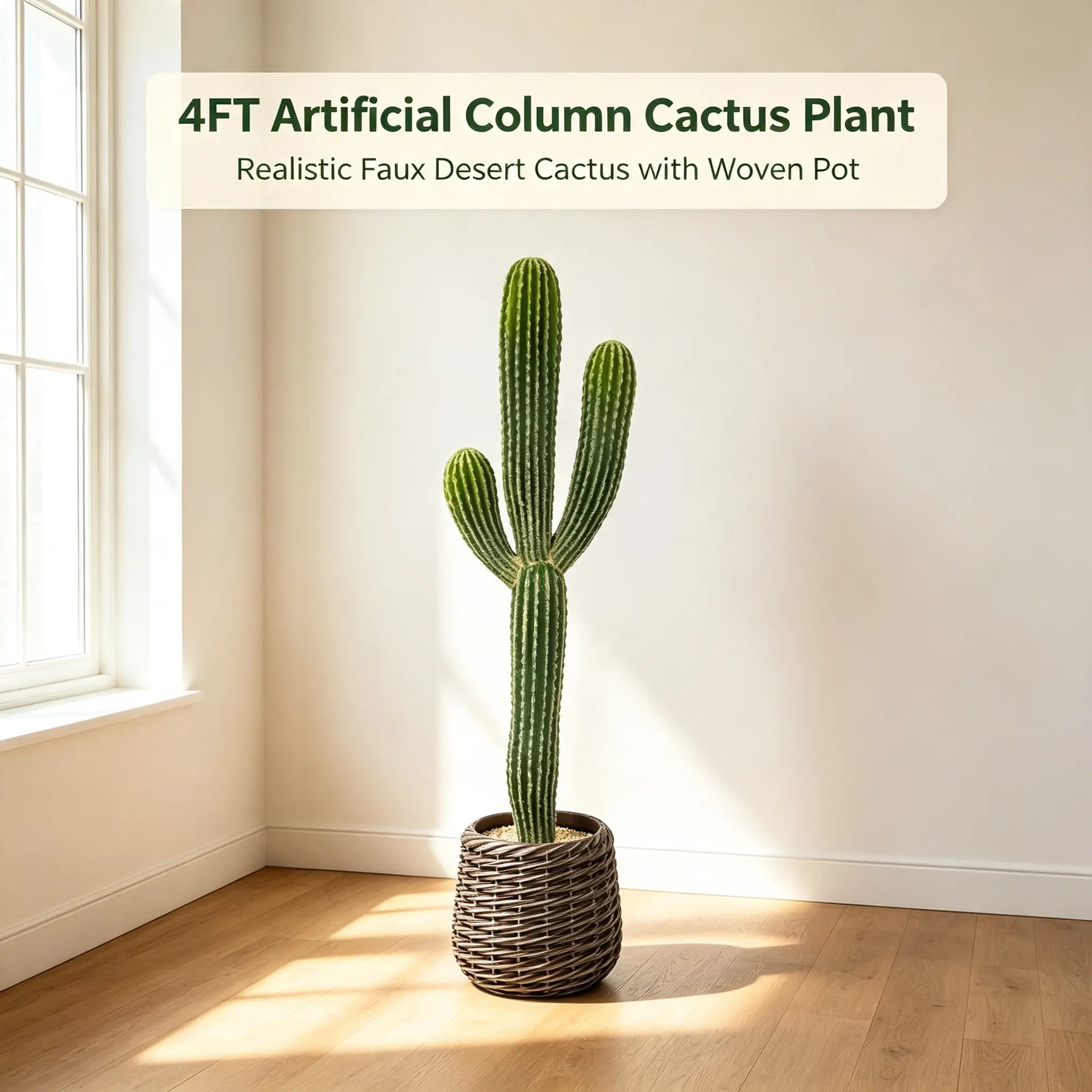 4FT Realistic Artificial Saguaro Cactus Plant, Faux Desert Cactus with Dark Woven Rattan Pot, Low Maintenance Fake Floor Succulent for Boho Entryway, Living Room & Indoor Home Decor