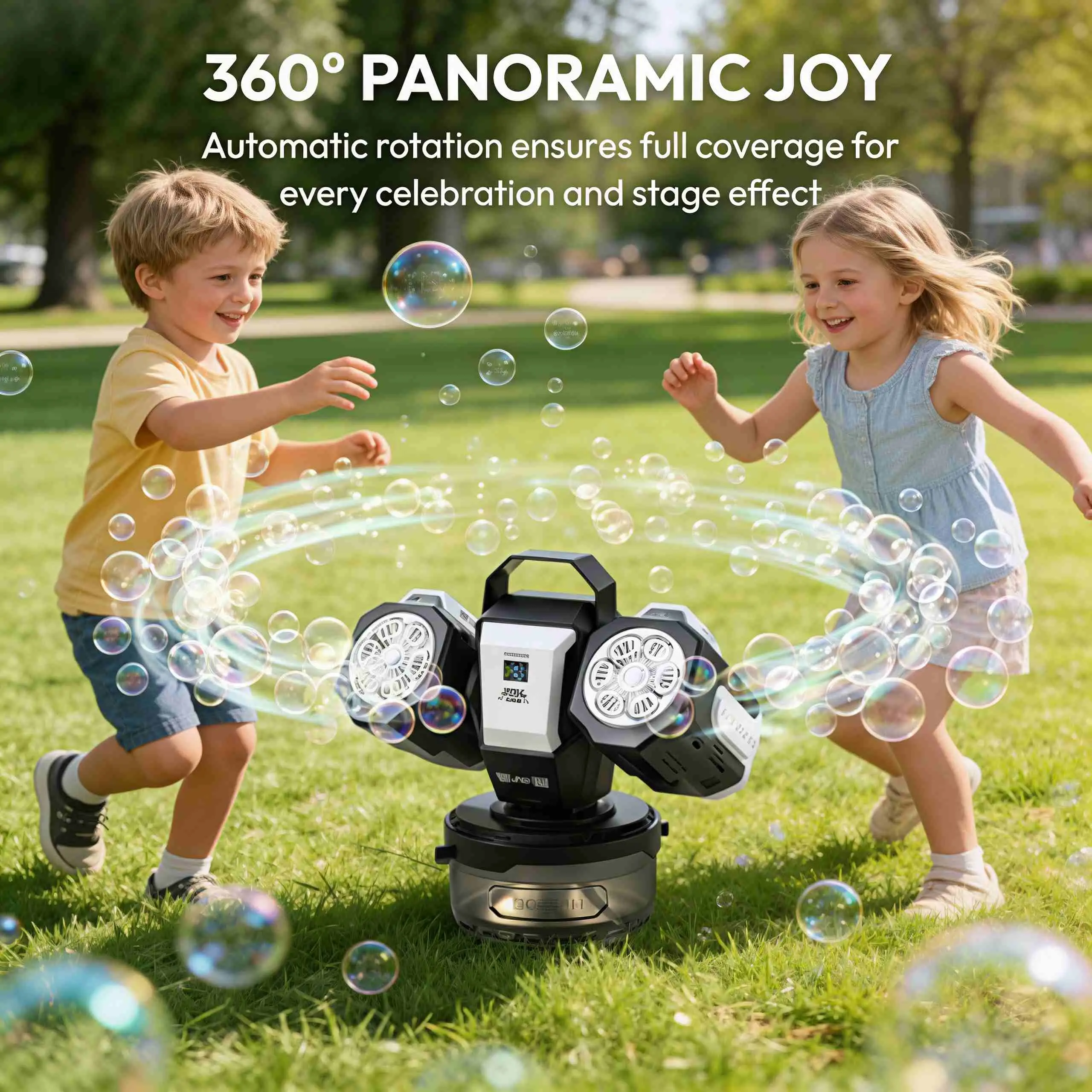 Multifunction Bubble Maker, Dual Head Wireless Remote Rechargeable Device with Built-in Li-ion Battery, RGB Lighting, 360° Auto Rotation, 30000 Bubbles Per Minute for Wedding, Outdoor Use