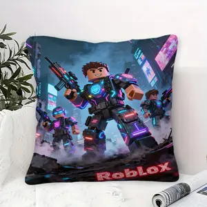 Roblox Pixel Sci-Fi Team Cyber Neon City Ruins Filled Cushion, 45cm Square Zipper Closure, Comfortable Soft Sofa Bed Car Travel Pillows or Headrest Cushion, Kids Room, Game Theme Soft Furnishings