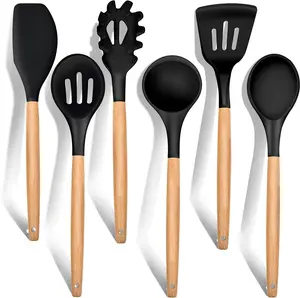 6-Piece Silicone Cooking Utensils Set with Wooden Handles, Non-Stick & Heat Resistant, Includes Spatula, Ladle, Slotted Turner (Black) Kitchen