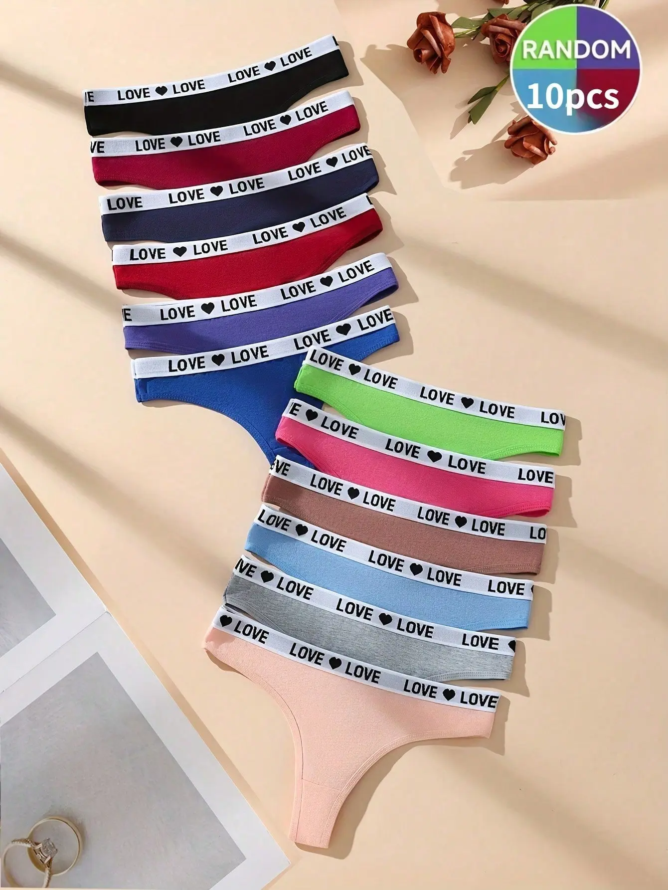 Women's 10PCS Random Colors Letter Print Stretch Thongs - Basic Style, Comfortable, Breathable Lingerie Panties for Daily Wear