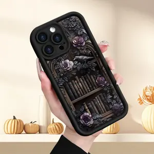 Gothic Bookcase Crow Purple Floral Pattern Phone Cases for iPhone 17 16 15 Pro Max 14 Plus 13 12 11 Pro Air Shockproof Full Camera Protection Durable slim Silicone Cover