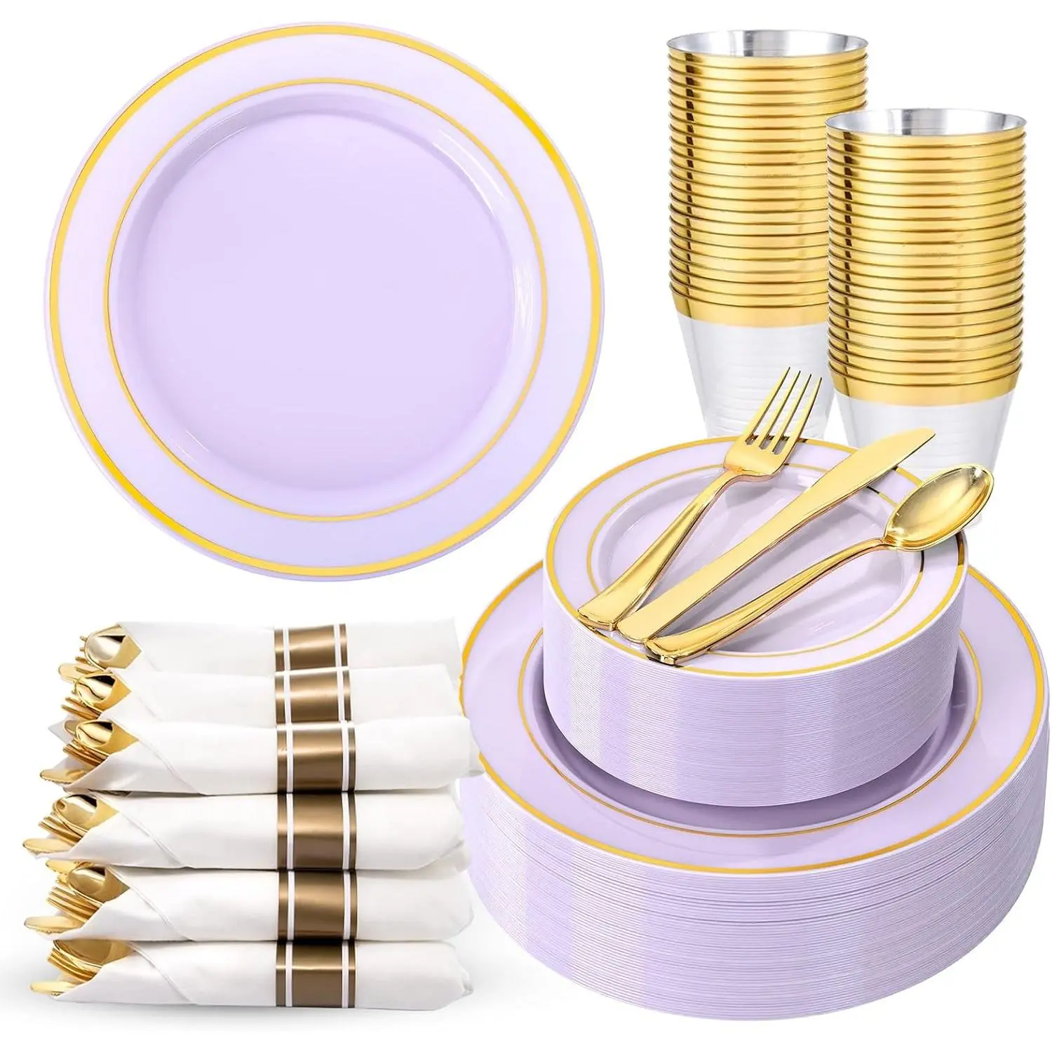 350 count  Plates Disposable -  Plastic Plates 50Guests Lavender Disposable Dinnerware Sets with Rolled Napkins for Wedding/Birthday/ Shower/Bridal Shower