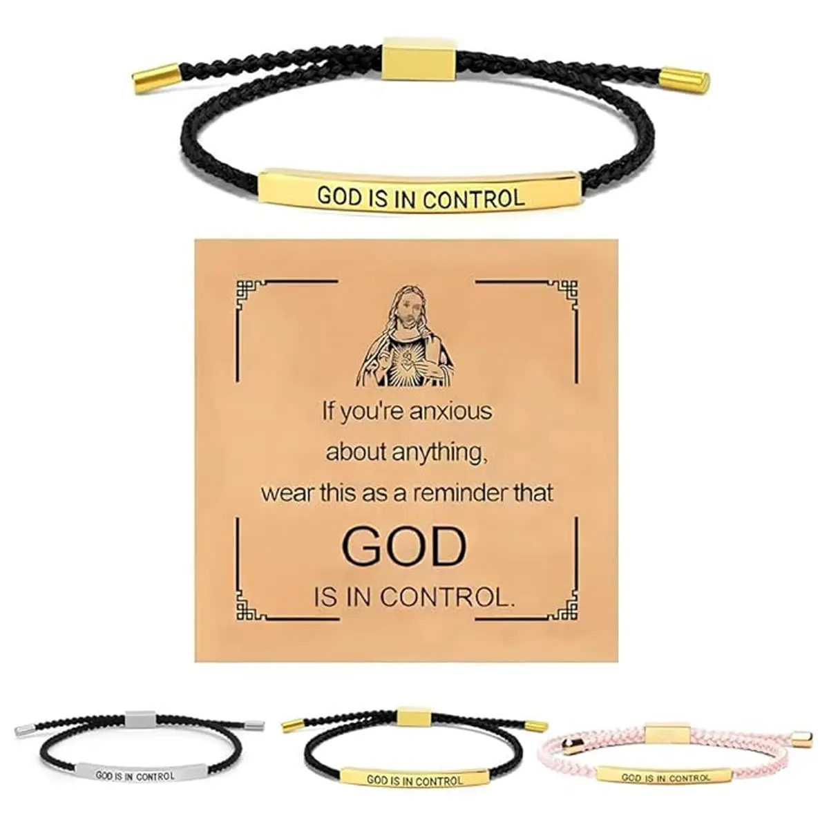 Inspire Bracelet - God is in Control Inspiration Bracelet, Adjustable Unisex Braided Christian Bracelet with Motivational Message Card Gift for Men & Women Her & Him BFF BF GF, Christmas Birthday Religious Gift,SummerVibes