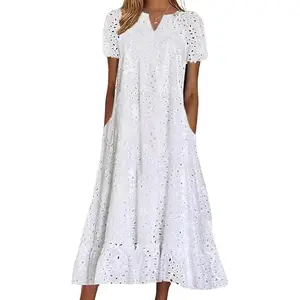Women’s Summer Floral Lace Eyelet Midi Tunic Dress with Ruffled Hem, Casual V‑Notch Neckline, and Pocket