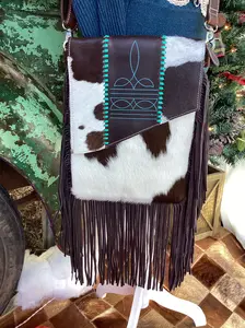 Cowhide Fringe Turquoise Boot Stitch Crossbody Purse