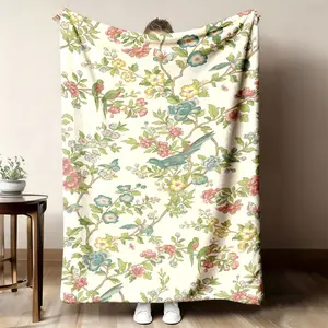 2026 New Arrivals Floral And Bird Pattern Summer Flannel Blanket Double-Sided Sofa Cover with Digital Printing, Lightweight And Warm for Living Room, Bedroom, Or Office White Contemporary Design, All-Season