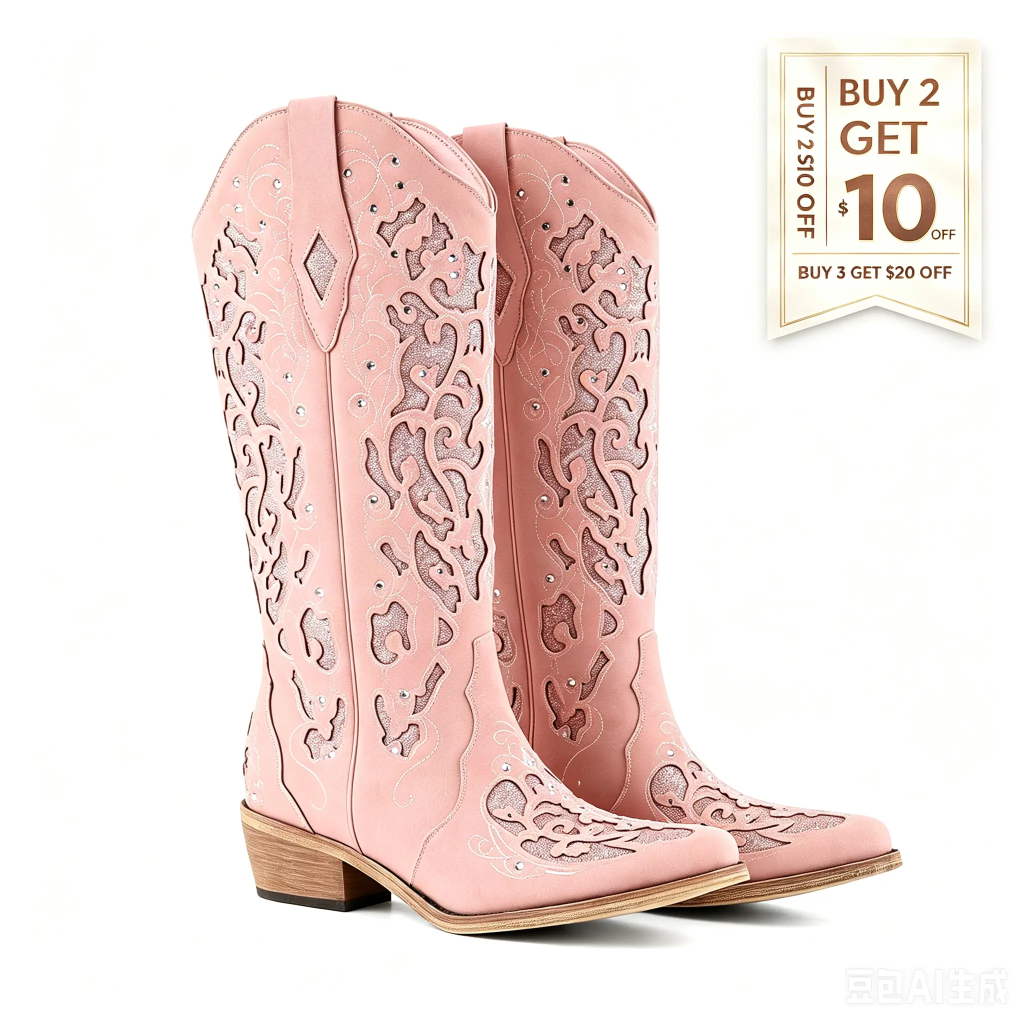 Western Cowboy Boots with Comfortable Calf Black Cowgirl Boot Women Sparkly Rhinestone Wedding Boots Trendy Vintage Tall Glitter Boot with Embroidery and Chunky Heel for Daily Wearing Office Party