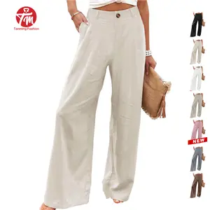 Tanming Women's High Waisted Wide Leg Linen Pants  Casual Button Up Cotton Trousers for Summer  Loose Comfy Beach Pants