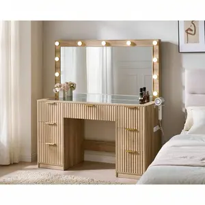 47.2" Fluted  Desk  Large Mirror And Adjustable LED Lights, Makeup   7 Drawers, Glass Top And Charging Station For Bedroom Or Dorm, Women And Girls, Natural Oak Vanity with wooden