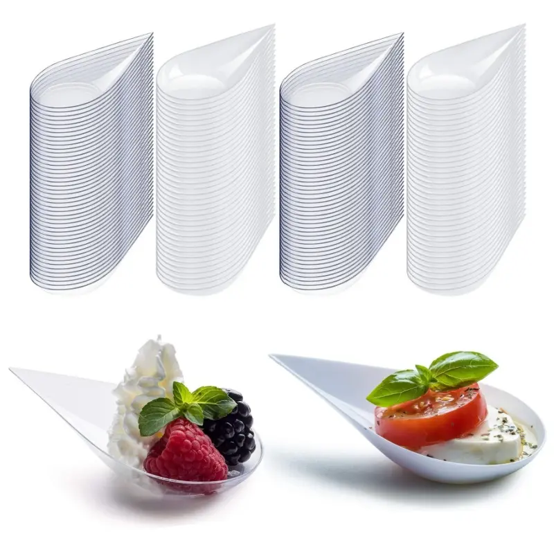 200 Pcs Disposable Plastic 4-Inch Teardrop Mini Appetizer Plates & Spoons - Kitchen, Halloween Party Events Supplies, Asian Dessert Containers for Catering