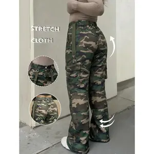Women's Camouflage Cargo Pants High Waist Multi-Pocket Wide Leg Streetwear Trousers