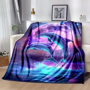 1pc Vibrant Dolphin & Ocean Waves Flannel Blanket - Soft, Comfortable, All-Season Throw for Camping, Sofa, Bed, and Office Decor, White with Blue and Purple Design, Perfect for Home or Gift Giving, Camping Essentials |   Vibrant Blanket |   Soft Texture,