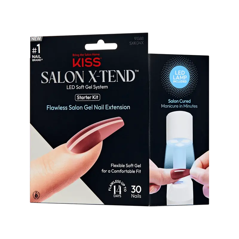 Kiss Salon X-tend LED Soft Gel Press On Nail Starter Kit System - Fiat | Solid, Red, Long, Coffin