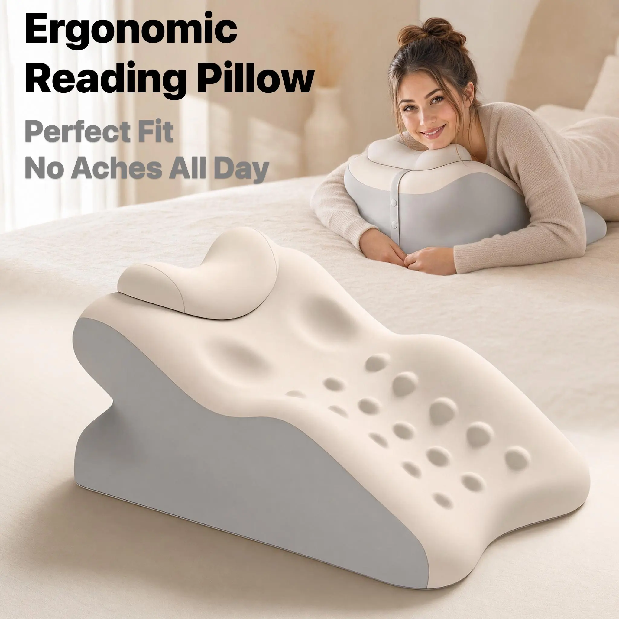 Ergonomic Face-Down Reading Pillow with Cooling Fabric, Premium Memory Foam Cushioning, Neck Rest for Chest Pressure & Stiffness Relief, Supportive Removable Waist Wedge Bolster for Body Fatigue Release, Ideal for Long-Time Phone Scrolling, Removable Bols