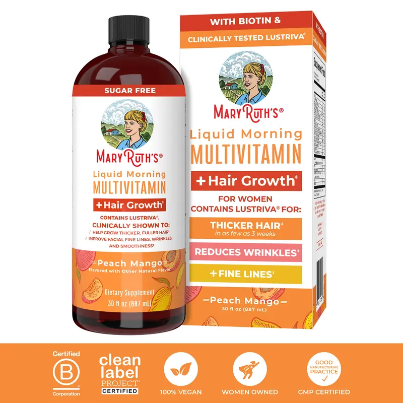 MaryRuth's Liquid Multivitamin + Hair Growth - Clinically Tested Lustriva for Thicker Hair in Women - Improve Facial Wrinkles - Vegan - 30 Fl Oz