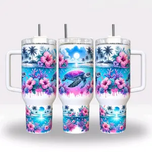Sea Turtle 40oz Tumbler with Handle Water Bottle - Tropical Floral Design & Palm Trees Pattern Drinkware Cup Portable Mug Beach Flasks
