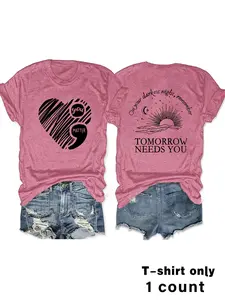 Women's Letter, Heart, Love & Graphic Print Round Neck Fitted Tee, Casual Short Sleeve Crew Neck T-shirt for Summer, Fashion Women's Top for Daily Wear