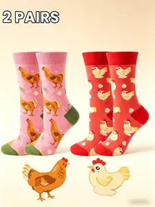 2 Pairs Cute Cartoon Chicken Pattern Crew Socks, Bottom, Breathable Anti-Odor, Slim-Fitting, All Seasons, Ideal for Students
