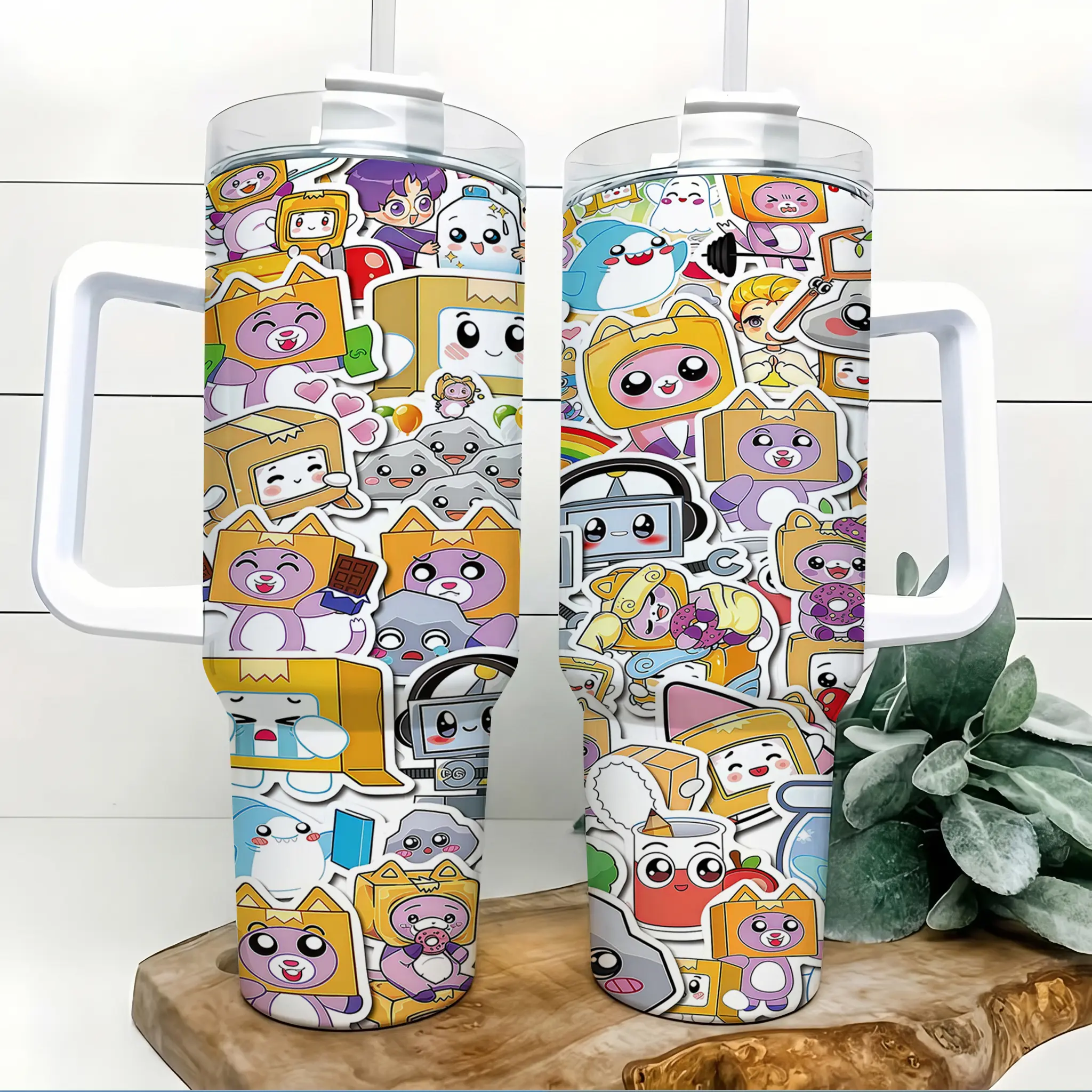 LankyBox Kids Tumbler 40oz Large Leak Proof Stainless Steel Travel Mug Handle Fun Cartoon Stickers Style Keep Drinks Hot 12 Hours Cold 24 Hours Ideal for School Home Outdoor
