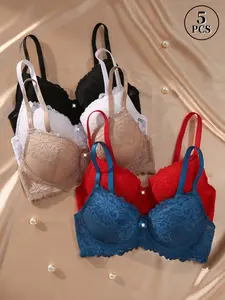 5PCS Lace Underwire Push-Up Bra - Bow & Diamond Embellishments, Adjustable Straps, Solid Color Skin-Fit, Comfort Breathable | Valentine's Day Gift, Bridal, Everyday Wear