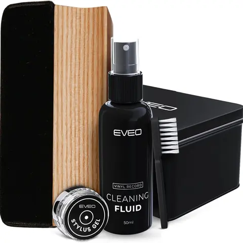 EVEO 4-in-1 Premium Vinyl Record Cleaning Kit - Audiophile Grade Home Cleaner with High-Density Velvet Brush, Cleaning Fluid, Duster, Precision Stylus Gel, Protective Box, Gentle Care to Extend Lifespan of Records and Stylus, Preserve Tonal Clarity