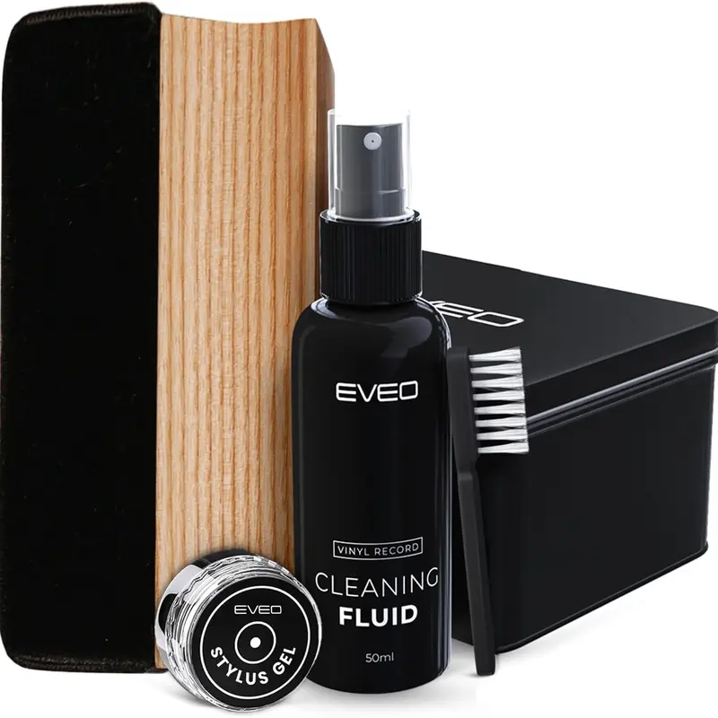 EVEO 4-in-1 Premium Vinyl Record Cleaning Kit - Audiophile Grade Home Cleaner with High-Density Velvet Brush, Cleaning Fluid, Duster, Precision Stylus Gel, Protective Box, Gentle Care to Extend Lifespan of Records and Stylus, Preserve Tonal Clarity