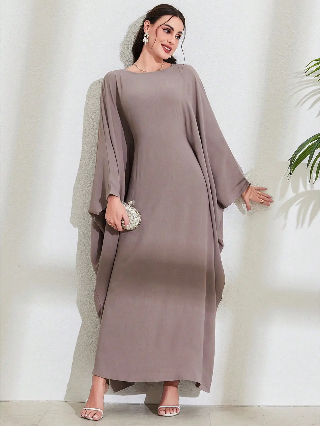 F30(Elegant Solid Taupe Batwing Sleeve Abaya | Minimalist Modest Fashion Look)