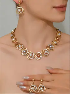 TikTok Viral Luxury Mixed Color Pearl Necklace & Earrings Set, Vintage Rhinestone Flower Choker, Bridal Wedding Party Premium Jewelry 2Pcs Set