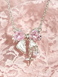 Pink bow necklace, cute student sweet and cool girl collar chain versatile lightweight luxury zircon pendant, Valentine's Day gift for girlfriend, birthday present, holiday gift, date wear