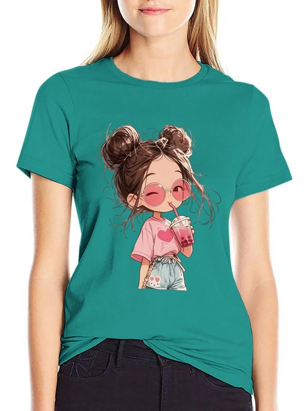 Women's Cotton Crew Neck Graphic Print Short-Sleeve T-Shirt - Anime Girl Double Buns Boba Tea Design, Lightweight Breathable Fabric, Fitted Cut Minimalist Casual Kawaii Halloween Aesthetic 1-Piece Top
