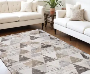 212 MAIN 8x11 ft. Indoor Decorative Low Pile Rectangle Area Rug, Modern Abstract Print, Machine-Woven Polyester Fiber, Beige & Brown, Distressed Finish, Stain Resistant Rugs for Living Room Decor