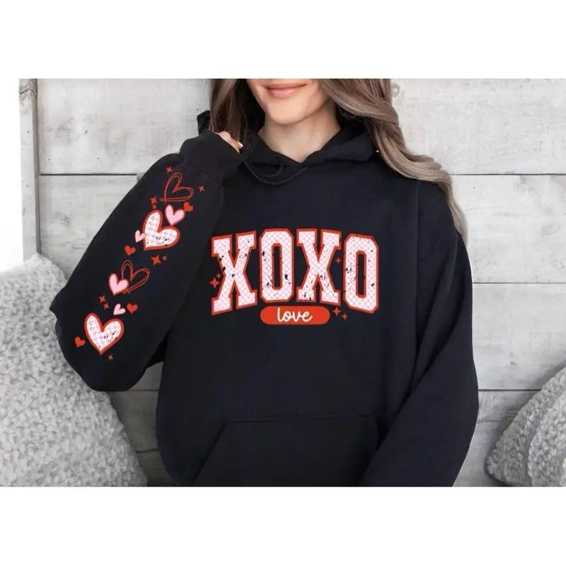 XOXO Love  Gildan hooded Sweatshirt with Sleeve design unisex sizing womenswear comfortable soft Casual Pullover Tops Fabric Pocket Spandex Cotton hoodie Fit