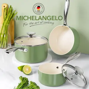 MICHELANGELO Non Stick Sauce Pan with Lid Set, Set  Small  Green Pots for Cooking, Ceramic Saucepan - Non-Toxic, Scratch-Resistant Cookware