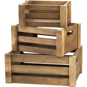 Lawei Set of 3 Wood Nesting Storage Crates with Handle, Rustic Farmhouse Decorative Wooden Crates Distressed Crates Storage Container for Display, Large Vintage Wood Decor Crates Wooden Baskets