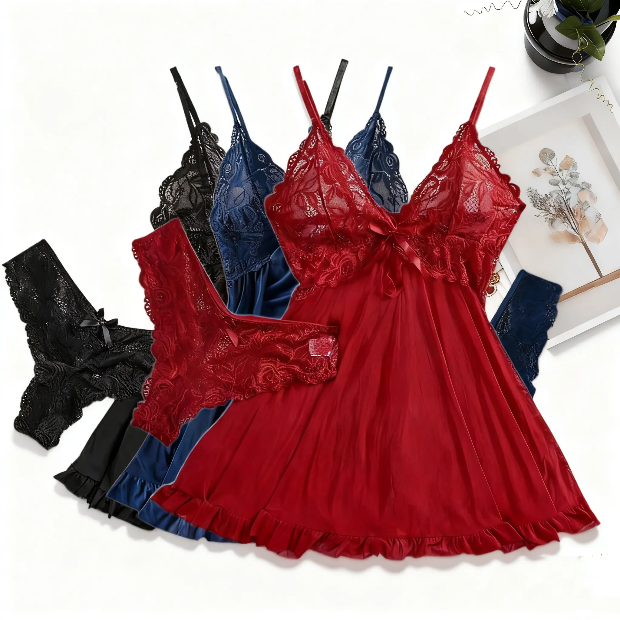 knee length dresses for ladies New 3Pcs Pajamas Sets for Women Lace Up Nightdress Bathrobe Sexy Silk   Global Fashions GC
