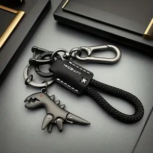 1pc Dino Keyring, Keychain Charm – Aluminum Matte + Leather Rope, Includes 8-Ring + D-Ring + 2 Extra Rings – Fits Car, Backpack, Purse, Keys, Lunchbox, Stroller, Suitcase (7+ Uses) – Strong & Cute – for Boys, Girls, Men, Women Who Love Dinosaurs