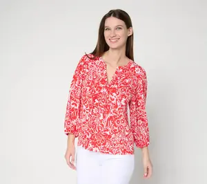 Susan Graver Printed Liquid Knit 3/4 Sleeve Top w/ High Low Hem