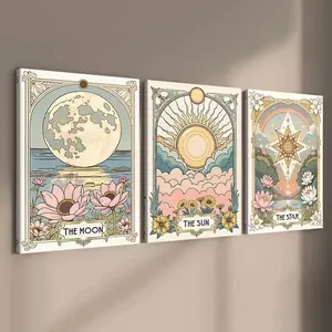 3-Piece Wood Frame Canvas Art Set, Soft Color Floral Abstract Design Tarot Moon Star Decorative Posters, Modern Home Wall Decoration, Waterproof Artwork