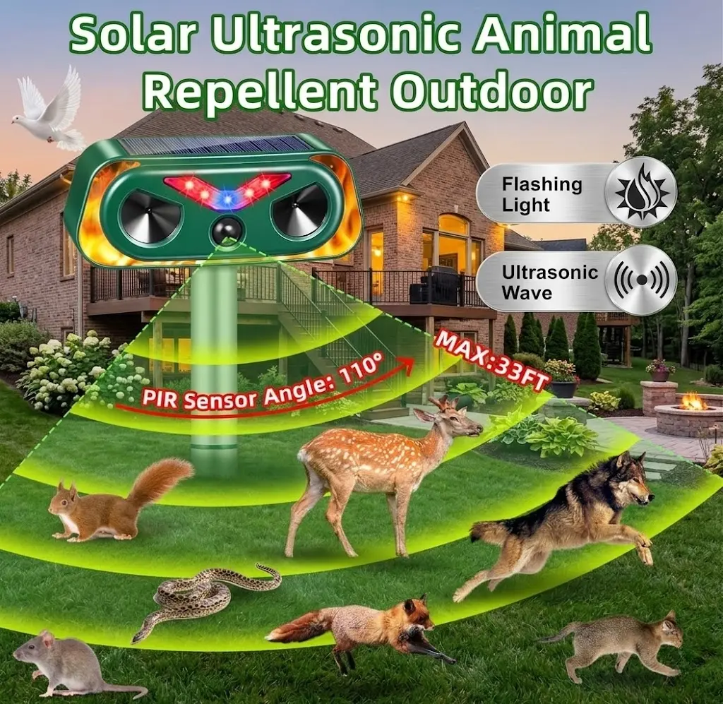 Solar Animal Repellent Outdoor, Ultrasonic Pest Deterrent with PIR Motion Sensor, Flashing LED Lights & Flame-Effect Lights, IP66 Weather Resistant Device for Yard Garden Deer Squirrel Raccoon Rabbit