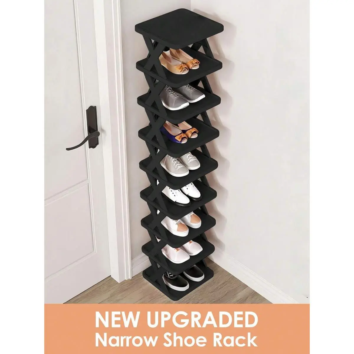 9/6 Tier Vertical Shoe Stand Space Saving Narrow Shoe Rack, Small Shoe Shelf, DIY Free Standing Shoes Storage Organizer For Entryway, Closet, Hallway, Easy Assembly And Stable In Structure, Black & White, Plastic Material, Consumables Makeup Vanity Table